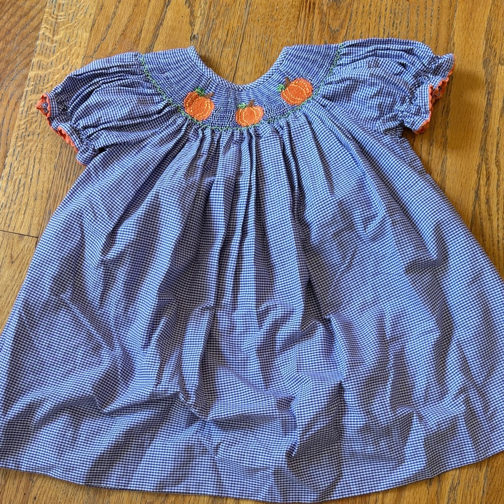 Blue Gingham Dress with Orange Pumpkin Smocking